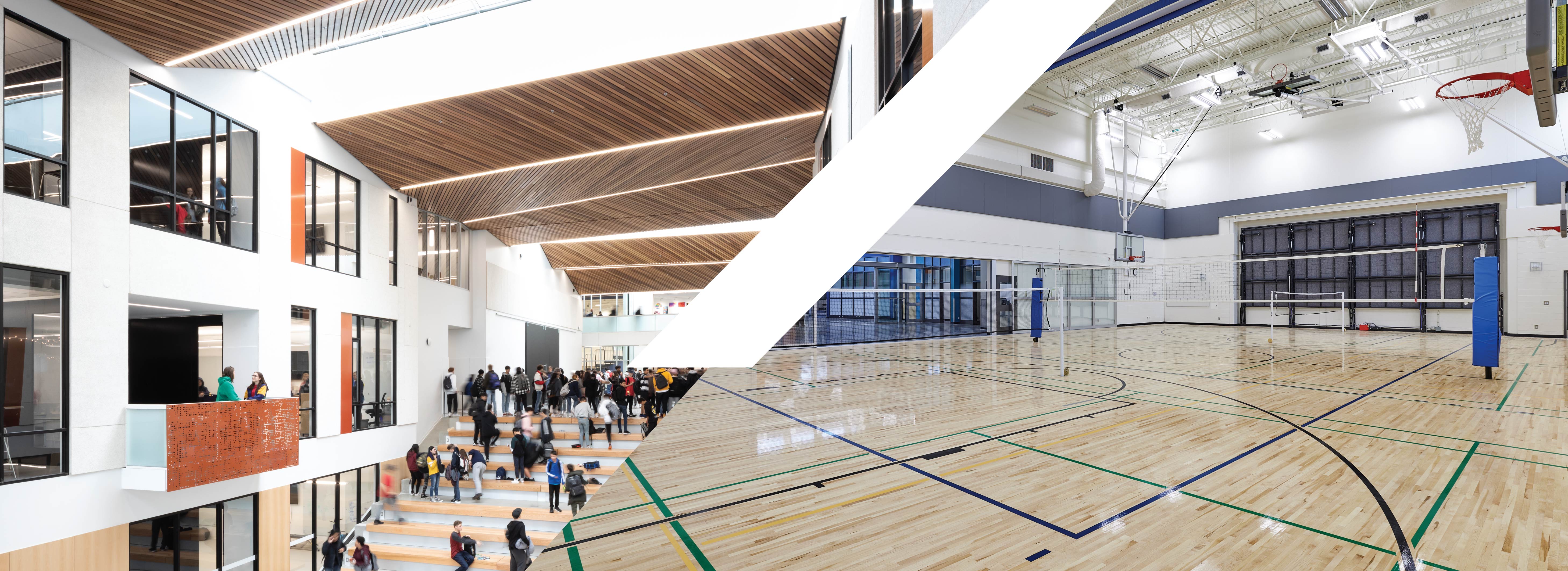 High school lobby with stairs and students and a High school gym with a basketball net